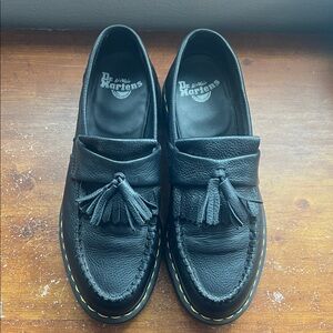 Dr. Martens Black Leather Tassel Loafers with Yellow Welt Stitching